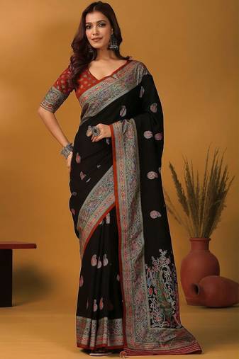 Black ethnic motifs embroidered banarasi saree