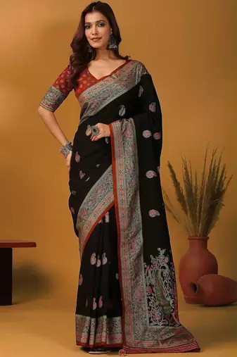 Black ethnic motifs embroidered banarasi saree