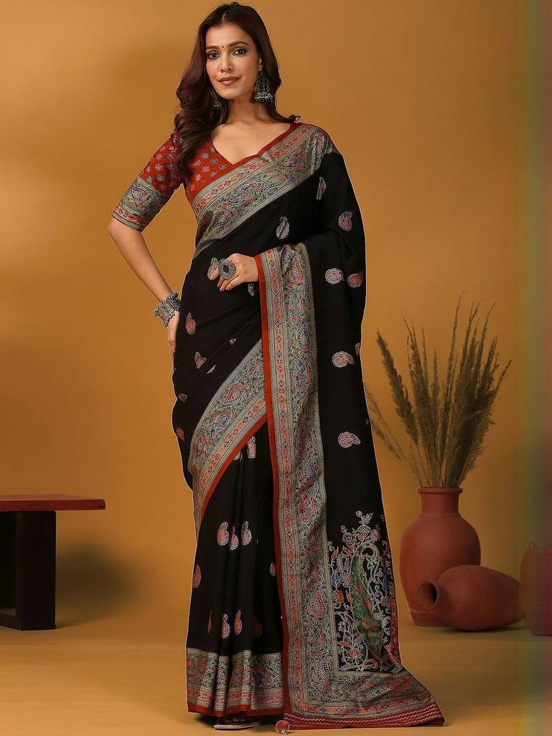 Black ethnic motifs embroidered banarasi saree