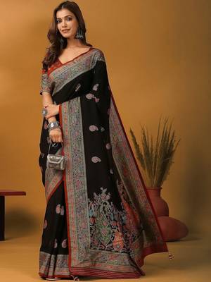 Black ethnic motifs embroidered banarasi saree 3