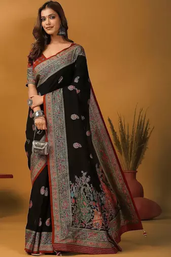 Black ethnic motifs embroidered banarasi saree