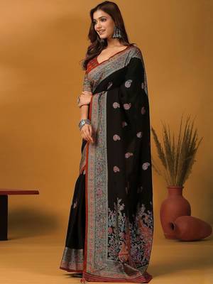 Black ethnic motifs embroidered banarasi saree 5