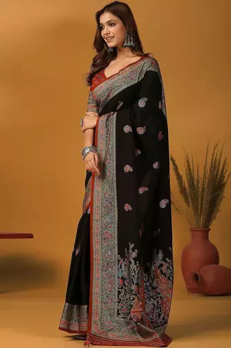 Black ethnic motifs embroidered banarasi saree