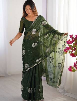 Green shimmer chiffon embroideried sequin work scalloped border blouse piece & sarees 1