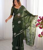 Green shimmer chiffon embroideried sequin work scalloped border blouse piece & sarees