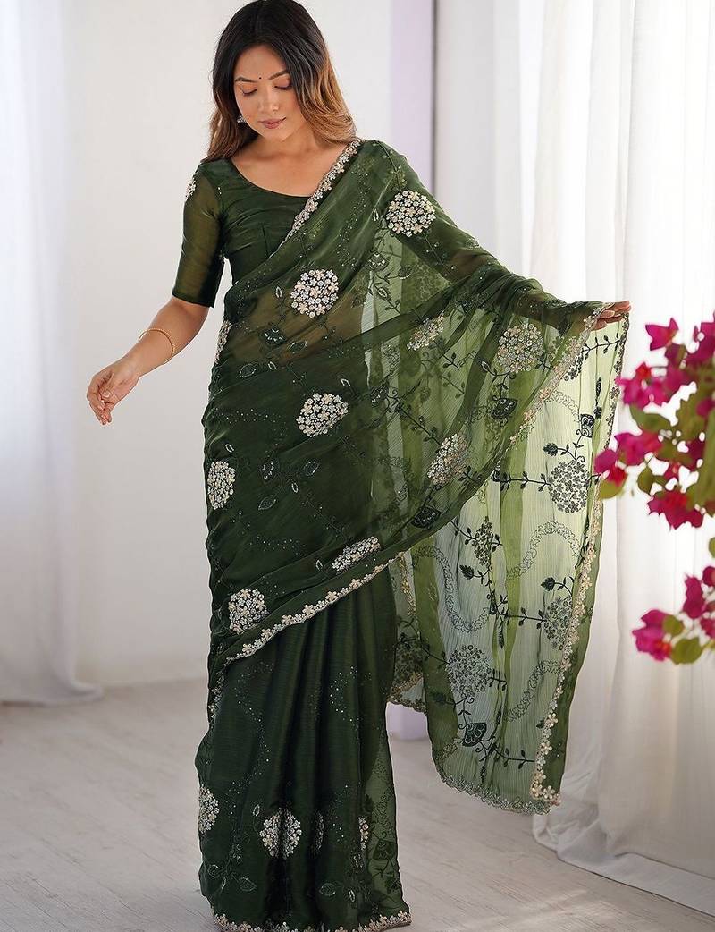 Green shimmer chiffon embroideried sequin work scalloped border blouse piece & sarees