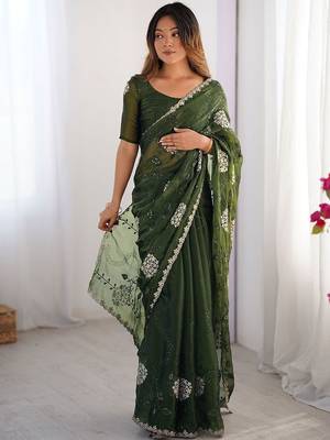 Green shimmer chiffon embroideried sequin work scalloped border blouse piece & sarees 2