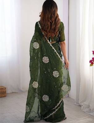 Green shimmer chiffon embroideried sequin work scalloped border blouse piece & sarees 3