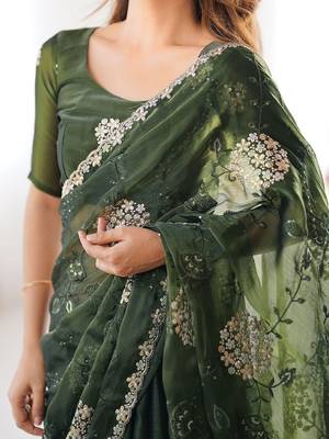 Green shimmer chiffon embroideried sequin work scalloped border blouse piece & sarees 4