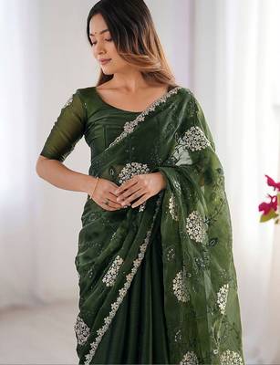 Green shimmer chiffon embroideried sequin work scalloped border blouse piece & sarees 5