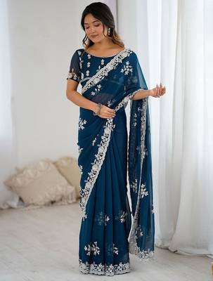 Teal embellished party wear saree with matching blouse 1