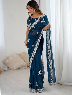 Teal embellished party wear saree with matching blouse 3