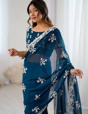 Teal embellished party wear saree with matching blouse 4
