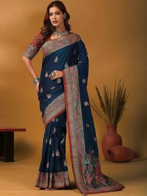 Blue floral silk blend designer banarasi saree 1