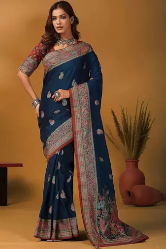 Blue floral silk blend designer banarasi saree