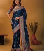 Blue floral silk blend designer banarasi saree