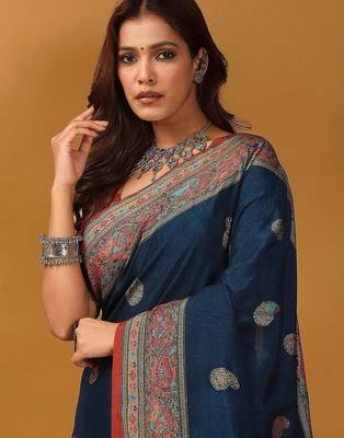 Blue floral silk blend designer banarasi saree 2