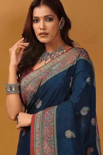 Blue floral silk blend designer banarasi saree