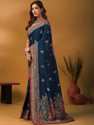 Blue floral silk blend designer banarasi saree 3
