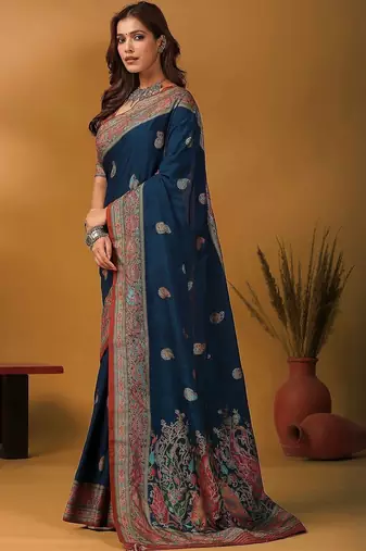 Blue floral silk blend designer banarasi saree