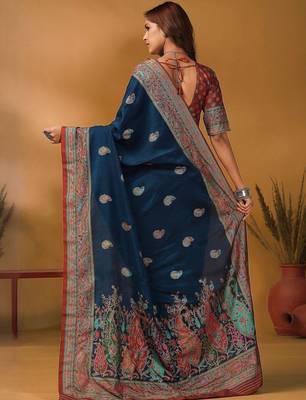Blue floral silk blend designer banarasi saree 4