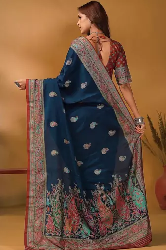 Blue floral silk blend designer banarasi saree