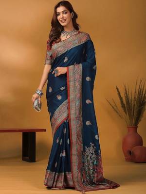 Blue floral silk blend designer banarasi saree 5