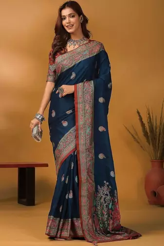 Blue floral silk blend designer banarasi saree