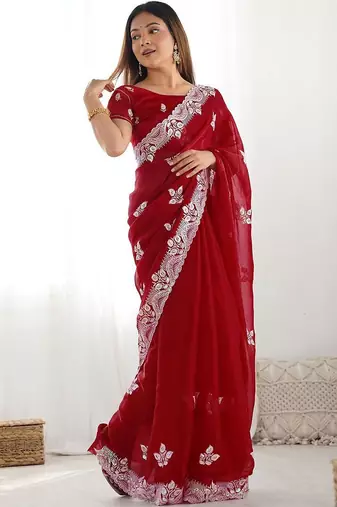 Red embroidered saree with unstitched blouse piece