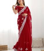 Red embroidered saree with unstitched blouse piece