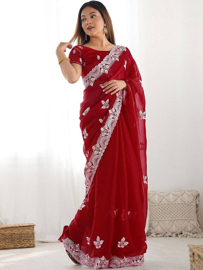 Red embroidered saree with unstitched blouse piece