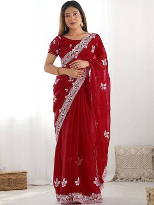 Red embroidered saree with unstitched blouse piece 2