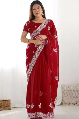 Red embroidered saree with unstitched blouse piece