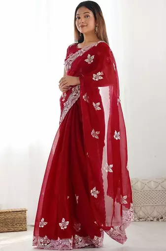 Red embroidered saree with unstitched blouse piece