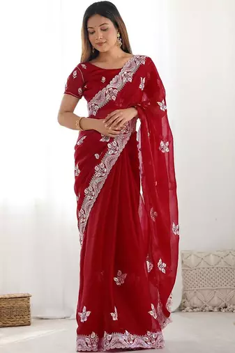 Red embroidered saree with unstitched blouse piece