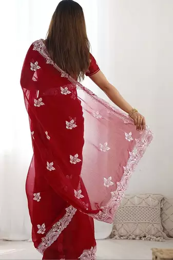 Red embroidered saree with unstitched blouse piece