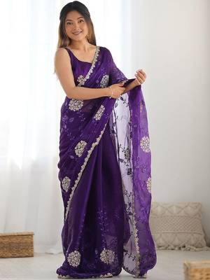 Purple embroidered saree with unstitched blouse piece 1
