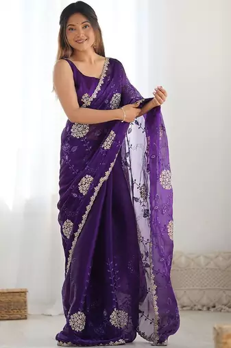 Purple embroidered saree with unstitched blouse piece