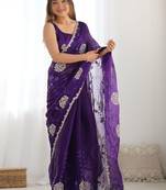 Purple embroidered saree with unstitched blouse piece