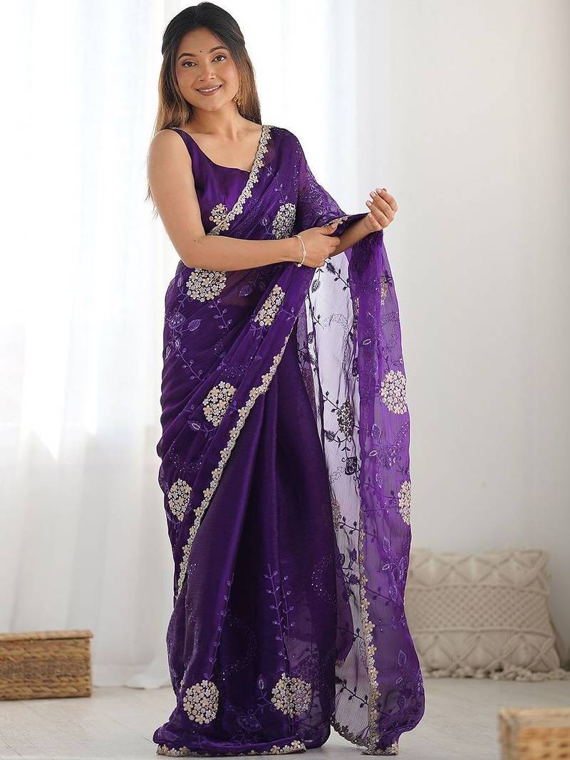 Purple embroidered saree with unstitched blouse piece