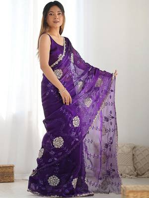 Purple embroidered saree with unstitched blouse piece 2