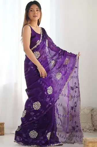 Purple embroidered saree with unstitched blouse piece