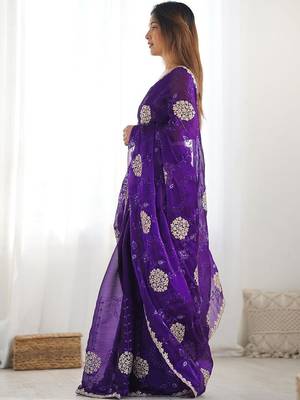 Purple embroidered saree with unstitched blouse piece 3