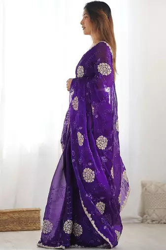 Purple embroidered saree with unstitched blouse piece
