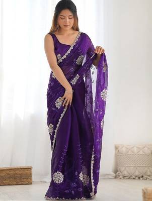 Purple embroidered saree with unstitched blouse piece 4