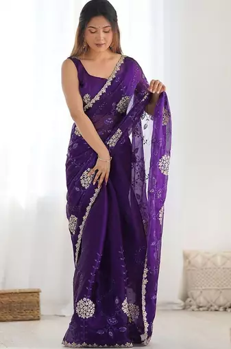 Purple embroidered saree with unstitched blouse piece