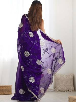 Purple embroidered saree with unstitched blouse piece 5