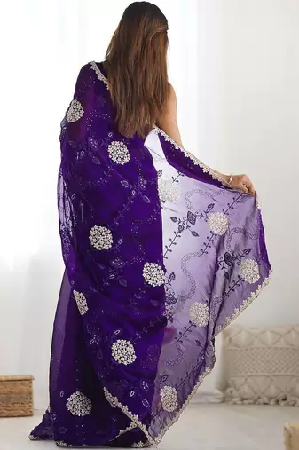 Purple embroidered saree with unstitched blouse piece