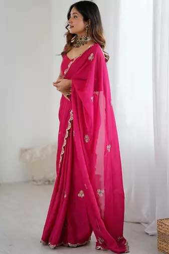 Pink embellished sequinned poly chiffon designer saree