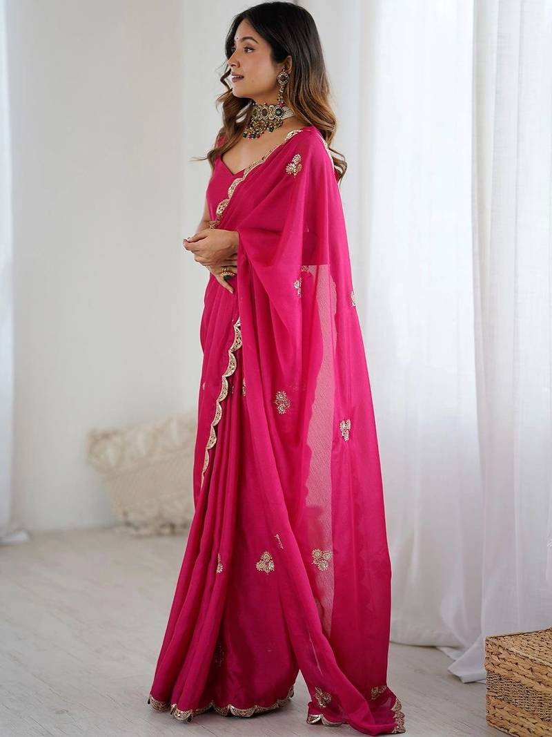 Pink embellished sequinned poly chiffon designer saree